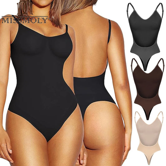 MISSMOLY Womens Backless Bodysuits Shapewear Thong Seamless Tummy Control Butt Lifter Body Shaper Corset Slimming Camisole Tops